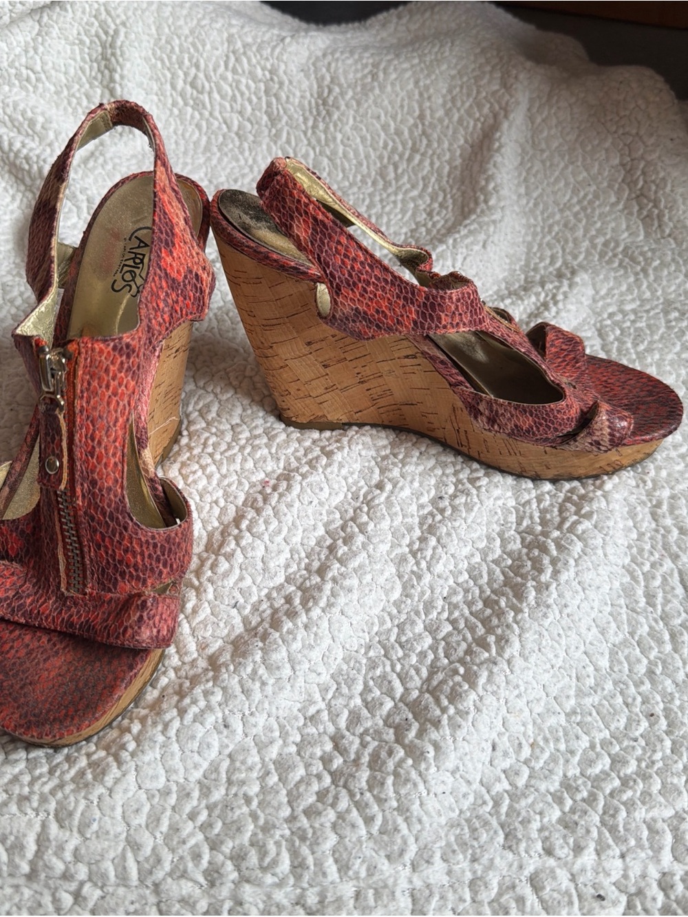 Red Snake-Print Cork Wedge Sandals